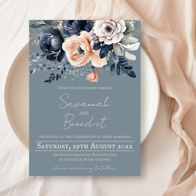 Dusty Blue med persiko- och marinfärgad Blommigt Inbjudningar (Skapare uppladdad)