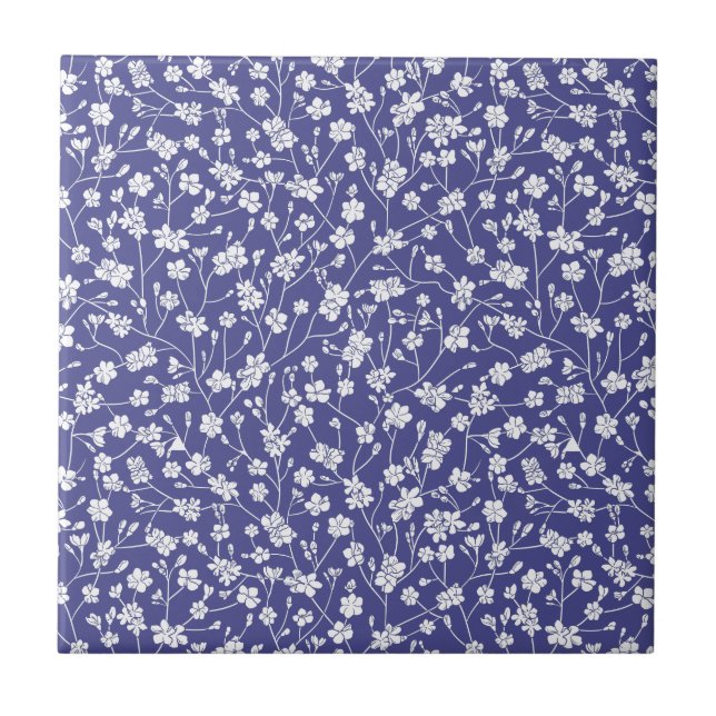 Dusty Blue med vita blommor Skriv ut panel Kakelplatta (Framsidan)