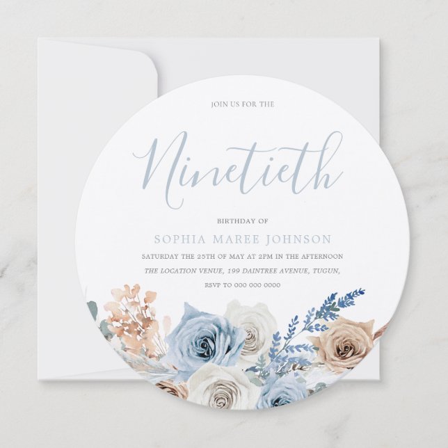 Dusty Blue Metallic Silver Boho 90:e Birthday Inbjudningar (Framsida)