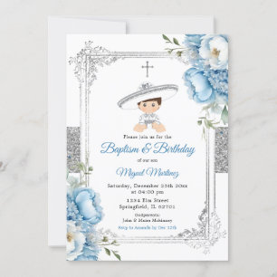 Dusty Blue Mexican Boy Baptism och Birthday Silver Inbjudningar