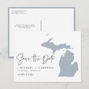Dusty Blue Michigan Karta QR-kod Spara datum Meddelande Vykort
