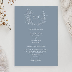Dusty Blue Minimal Löv Monogram Bröllop Inbjudningar