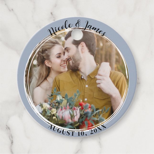 Dusty Blue - Minimal Trendig Round Photo Bröllop Gåvor Etiketter (Framsida)