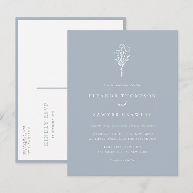 Dusty Blue Minimalist Blommigt Bouquet Bröllop Inbjudan Vykort (Fram/baksida)