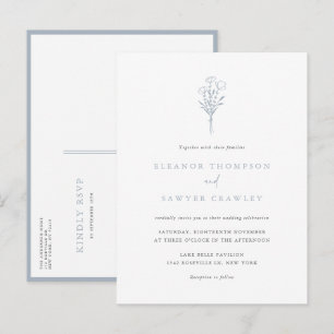 Dusty Blue Minimalist Blommigt Bouquet Bröllop Inbjudan Vykort