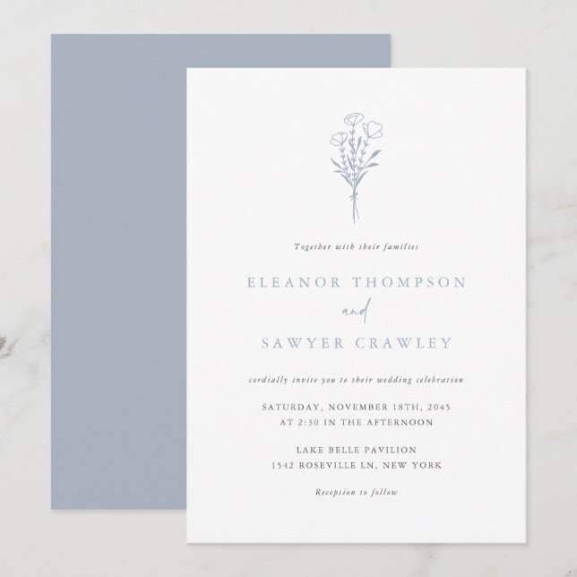 Dusty Blue Minimalist Blommigt Bouquet Bröllop Inbjudningar (Fram/baksida)