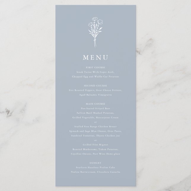 Dusty Blue Minimalist Blommigt Bouquet Bröllop Meny (Framsida)