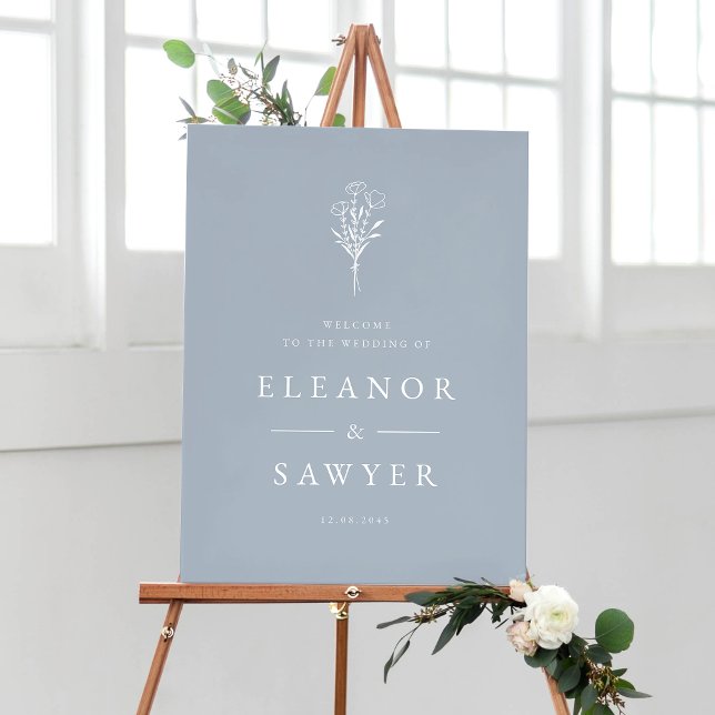 Dusty Blue Minimalist Blommigt Bouquet Bröllop Poster (Customizable dusty blue wedding sign featuring minimalist floral bouquet. Available in other colors )