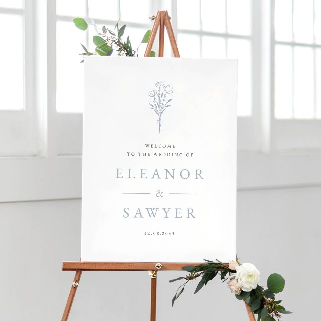 Dusty Blue Minimalist Blommigt Bouquet Bröllop Poster (Customizable wedding welcome sign featuring minimalist floral bouquet. Available in other colors. )