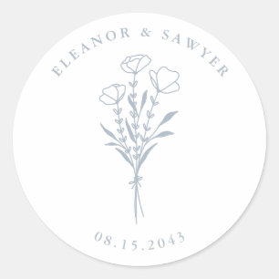 Dusty Blue Minimalist Blommigt Bouquet Bröllop Runt Klistermärke