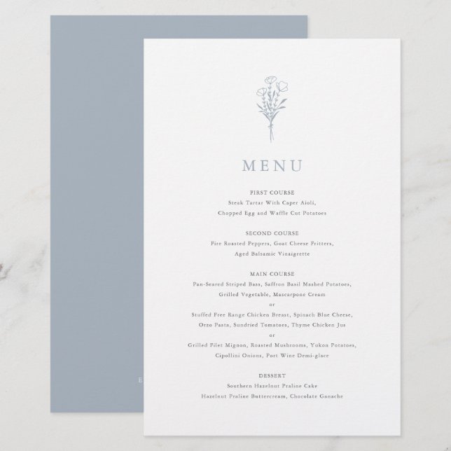 Dusty Blue - Minimalist Blommigt Bouquet-menykort (Fram/baksida)