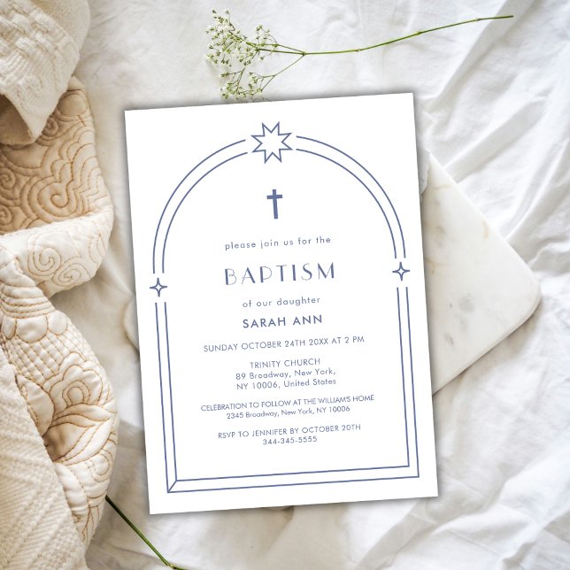 Dusty Blue Minimalist Boho Arch Kor-baptism Inbjudningar (Dusty Blue Minimalist Boho Arch Cross Baptism Invitation)