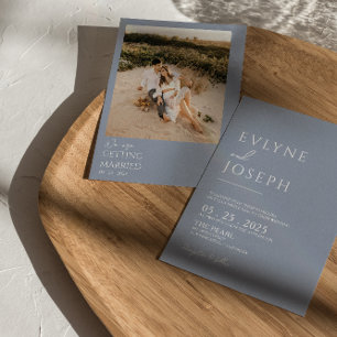 Dusty Blue Minimalist Boho Neutralt Photo Bröllop Inbjudningar
