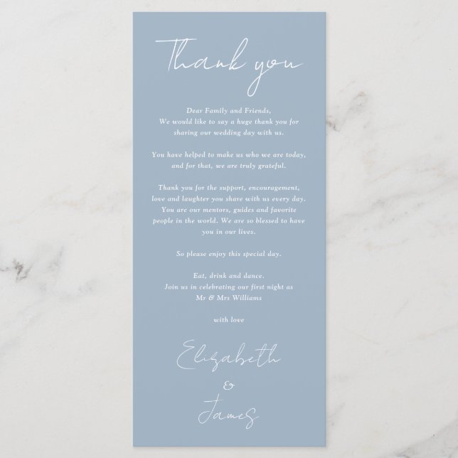 Dusty Blue Minimalist Bröllop Tack Place Card Meny (Framsida)