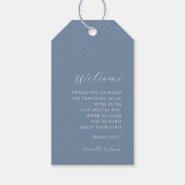 Dusty blue minimalist Bröllop Welcome Gift Märkres Presentetikett