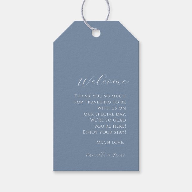Dusty blue minimalist Bröllop Welcome Gift Märkres Presentetikett (Framsidan)