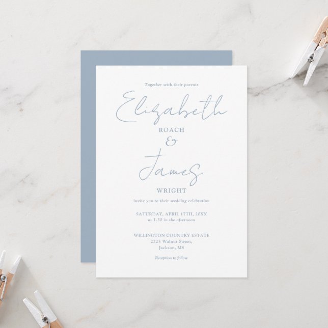 Dusty Blue Minimalist Elegant QR-kod Bröllop Inbjudningar (Fram/Back In Situ)