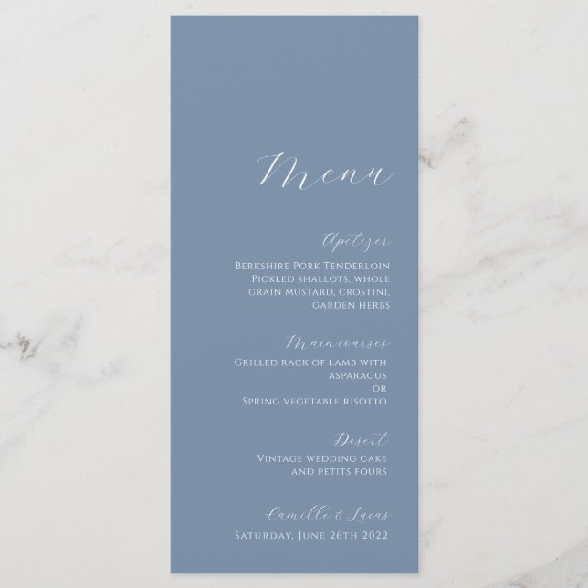 Dusty Blue Minimalist Modern Bröllop Menu Meny (Framsida)