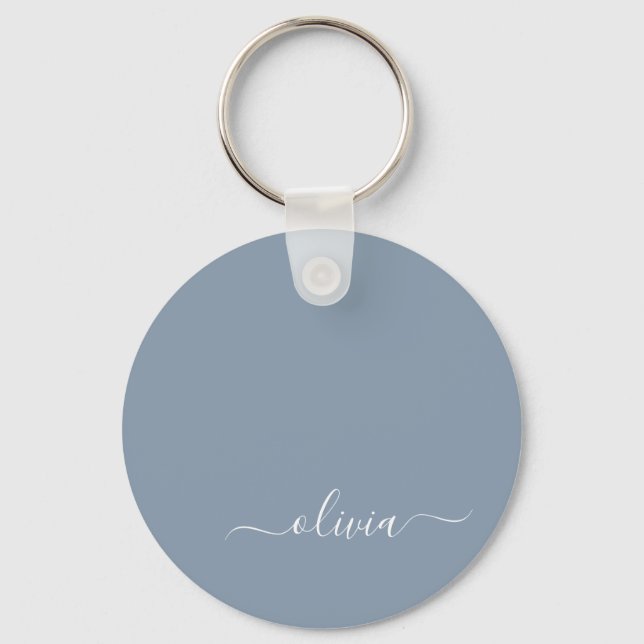 Dusty Blue Minimalist Modern Monogram-Elegant Nyckelring (Framsida)