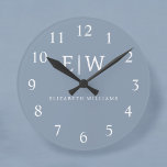 Dusty Blue Minimalist Modern Monogram-Elegant Rund Klocka<br><div class="desc">Vi presenterar vår moderna moderna monogramsamling för Dusty Blue - Elegant Samla stil med underskattad sofistikering och tidlös charm. Vår samling har minimalistisk design i en lugnande blått nyans, förbättrad med monogram för elegant som är skräddarsydda efter din personliga smak. Från raffinerat kontorsmaterial till mångsidiga tillbehör är varje biet i...</div>