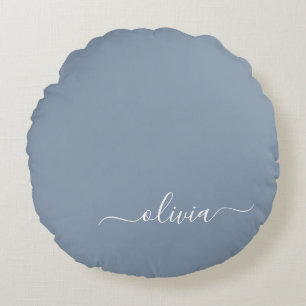 Dusty Blue Minimalist Modern Monogram-Elegant Rund Kudde