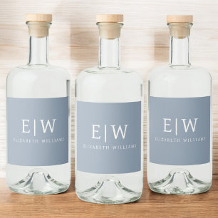 Dusty Blue Minimalist Modern Monogram-Elegant Spritflaskor Etikett