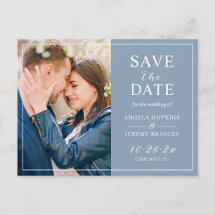 Dusty Blue Minimalist Photo Save Date Vykort