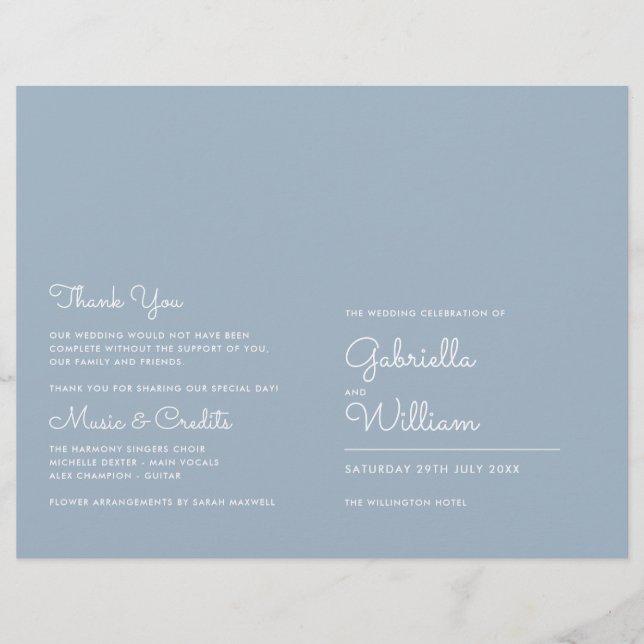 Dusty Blue Minimalist Script-Bröllopsprogram (Framsida)