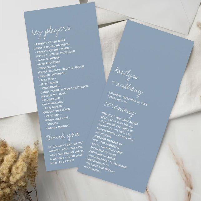 Dusty Blue - Minimalistic Script-Bröllopsprogram Reklamkort (Skapare uppladdad)