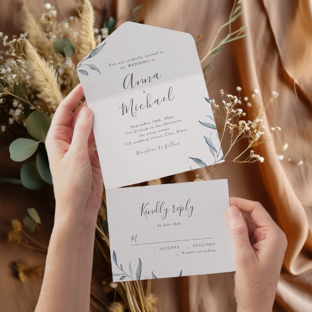 Dusty blue minimum greenery rustic bröllop (Dusty blue minimal greenery rustic wedding all in one invitation)