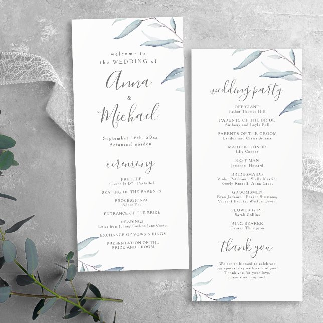 Dusty blue minimum grey rustiy bröllopsprogram meny (Dusty blue minimal greenery rustic wedding program)