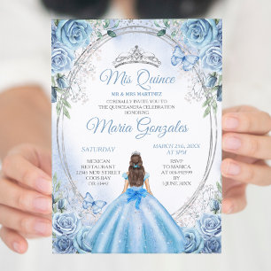 Dusty Blue Mis Quince Silver Blommigt Quinceañera Inbjudningar