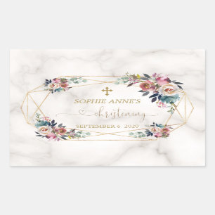 Dusty Blue Misty Ro Flowers Guld Christening Rektangulärt Klistermärke