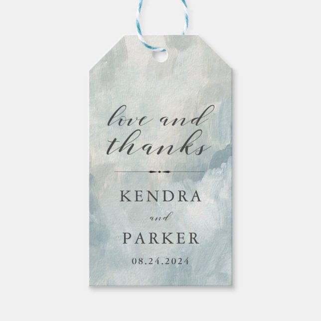 Dusty Blue Modern Abstrakt Brushstrokes Tack Presentetikett (Framsidan)