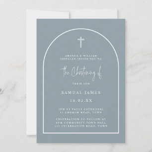 Dusty Blue Modern Arch Script Minimal Christening Inbjudningar