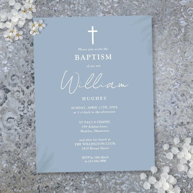 Dusty Blue Modern Baptism Christening-inbjudan Vykort (Skapare uppladdad)