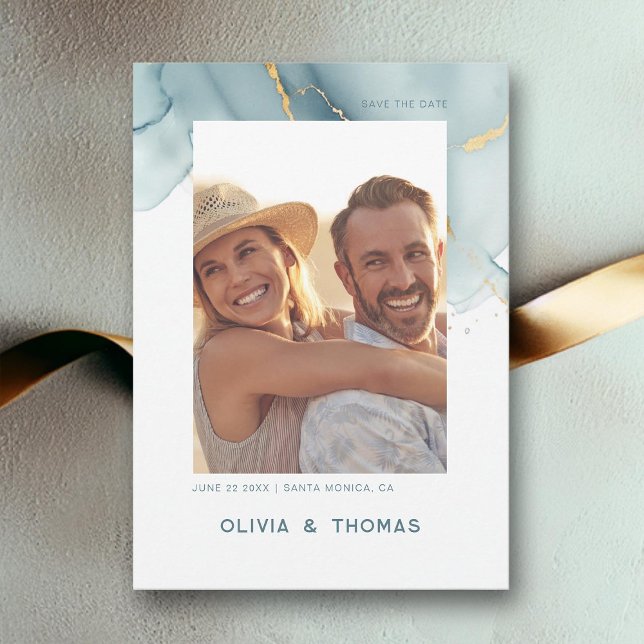 Dusty Blue Modern Beach Wedding Photo Spara Date Inbjudningar (dusty blue photo save the date gold beach waves elegant bohemian modern romantic summer all seasons)