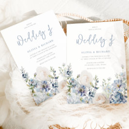 Dusty Blue Modern Blommig Bröllop för Alla Årstide Inbjudningar
