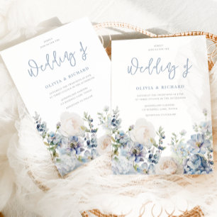 Dusty Blue Modern Blommig Bröllop för Alla Årstide Inbjudningar