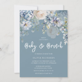 Dusty Blue Modern Blommigt Baby Shower Brunch Inbjudningar