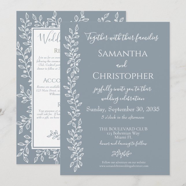 Dusty Blue Modern Boho Botanical Minimal Bröllop Inbjudningar (Fram/baksida)
