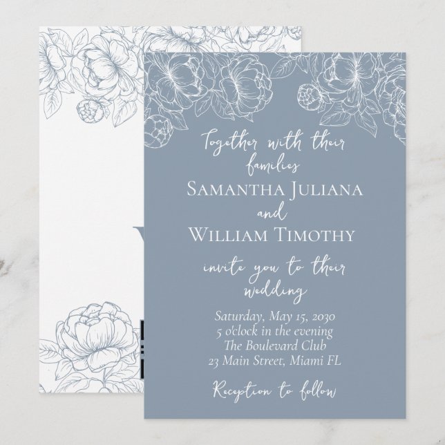 Dusty Blue Modern Boho Classialist Bröllop Inbjudningar (Fram/baksida)