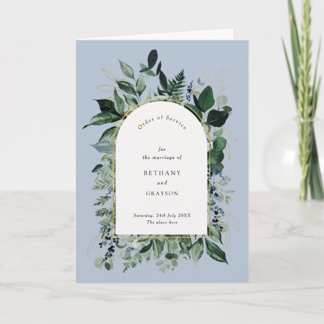 Dusty Blue Modern Botanic greenery bröllop bifold Program (Framsida)