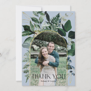 Dusty Blue Modern Botanical Greenery-foto bröllop Tack Kort