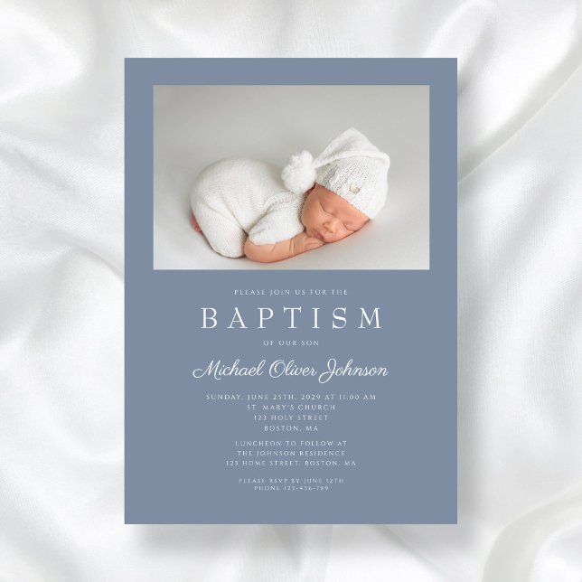 Dusty Blue Modern Boy Photo Baptism Inbjudningar (Dusty Blue Modern Boy Photo Baptism Invitation)