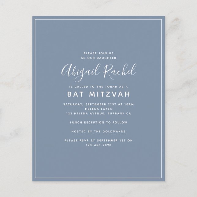Dusty Blue Modern Budget - Bat mitzvah inbjudan (Framsida)