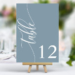 Dusty Blue Modern Calligraphy Bröllop Bordsnummer<br><div class="desc">Följ gästerna till deras platser med de här chic elegant-dammiga bordsnumren i bröllop. De här bordsnumren har en minimalistisk design med modern kalligrafi och ger dig en smula sofistikering till din bröllopsmottagning. Den mjuka bakgrunden och den rena typografin i eleganten säkerställer att den är enkel att läsa samtidigt som du...</div>