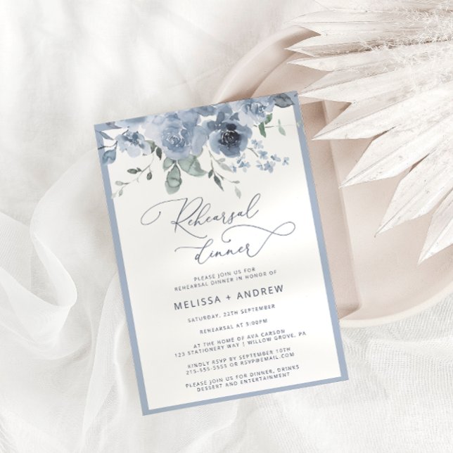 Dusty Blue Modern Calligraphy Rehearsal Dinner Inbjudningar (Skapare uppladdad)