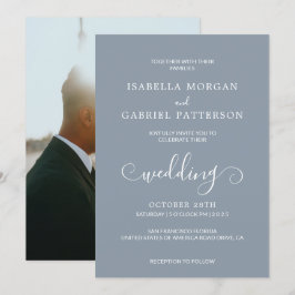 Dusty Blue Modern Calligraphy Script Photo Bröllop Inbjudningar