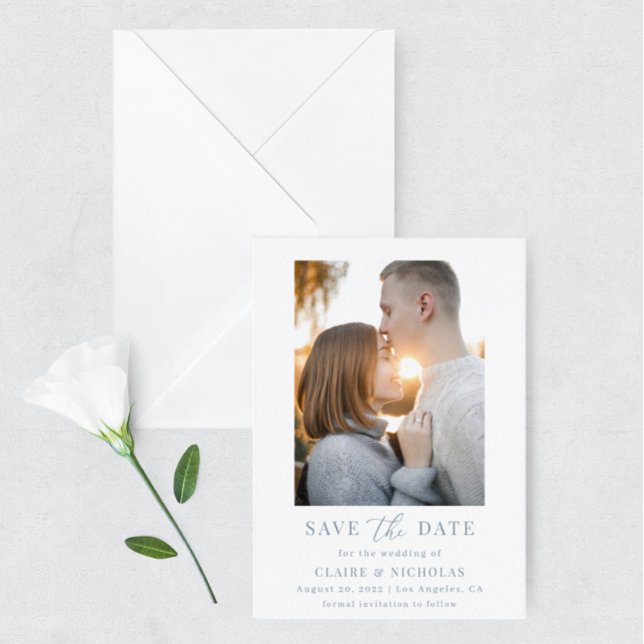 Dusty Blue Modern Elegant bröllop Photo Spara Datumet (Skapare uppladdad)